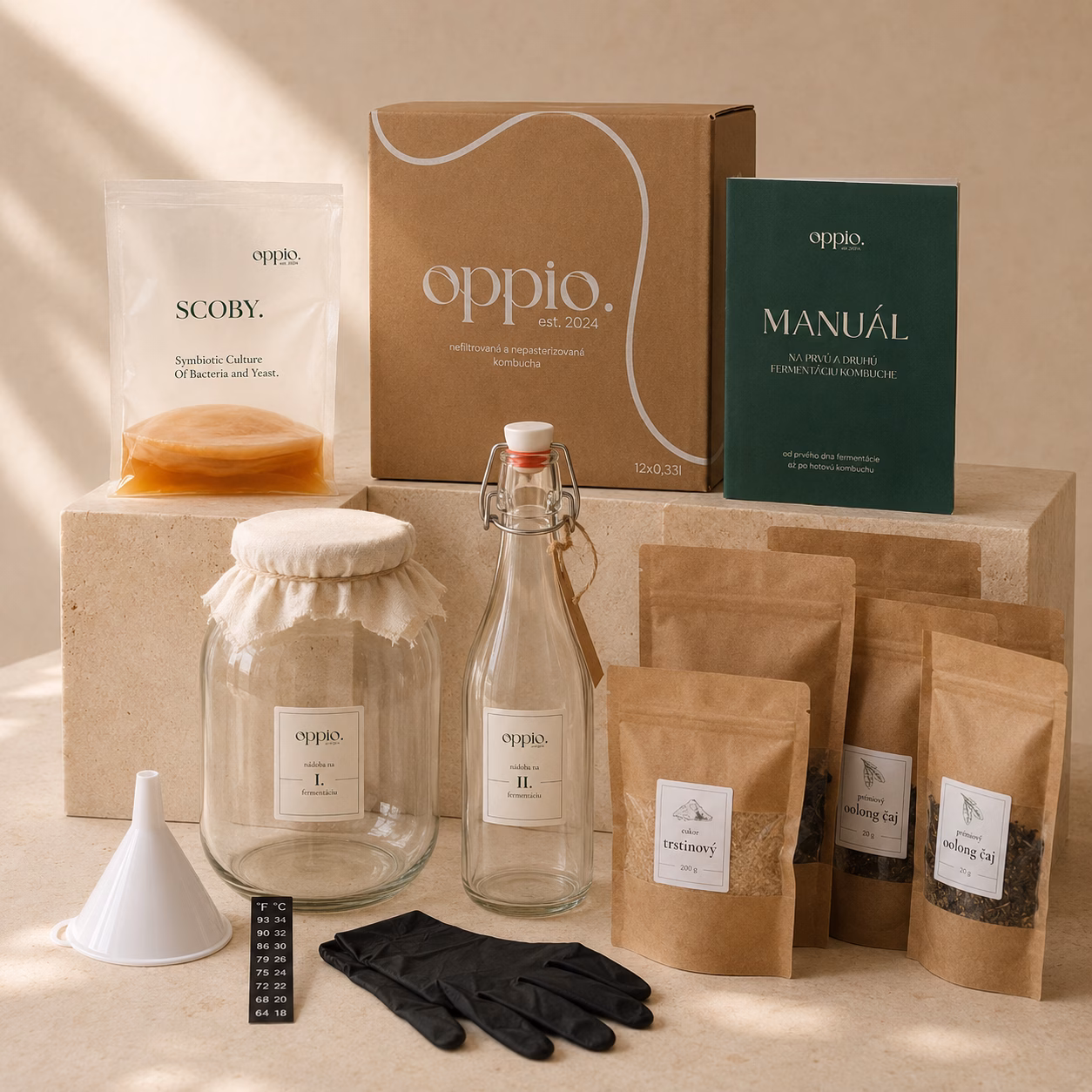 Obsah Kombucha Kit PRO od oppio. pro domácí výrobu kombuchy