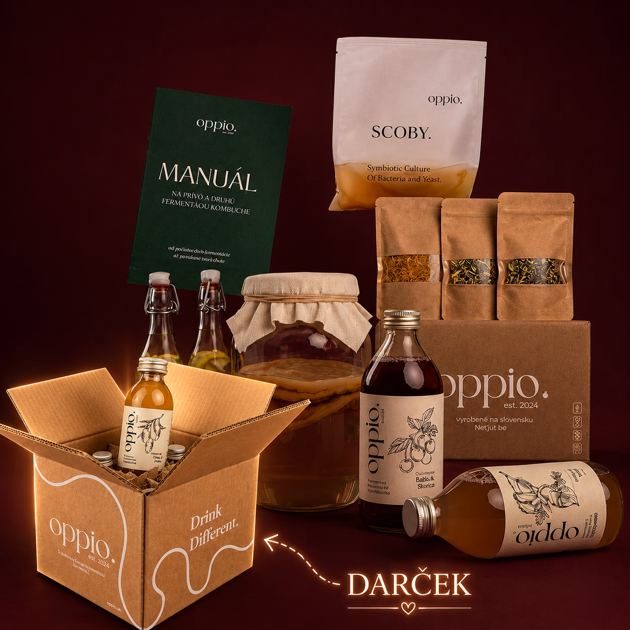 Kombucha Kit PRO oppio. se SCOBY kulturou, manuálem, lahví, čaji a pomůckami