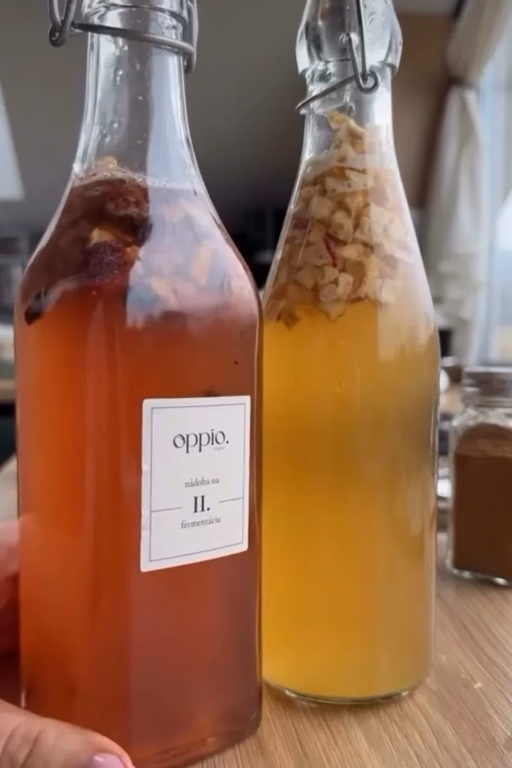 Dve fľaše domácej kombuchy s rôznymi príchuťami z kitu oppio.