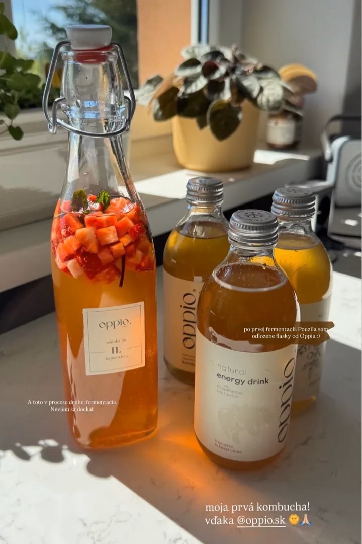 Prvá domáca kombucha z kitu oppio. — fľaša s jahodami pri druhej fermentácii
